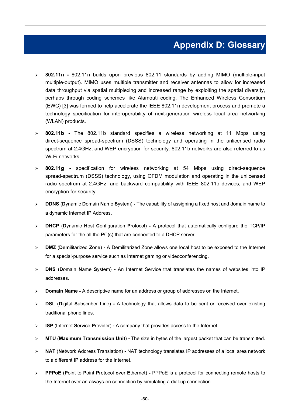 Appendix d: glossary | PLANET WDAP-C7400 User Manual | Page 68 / 71