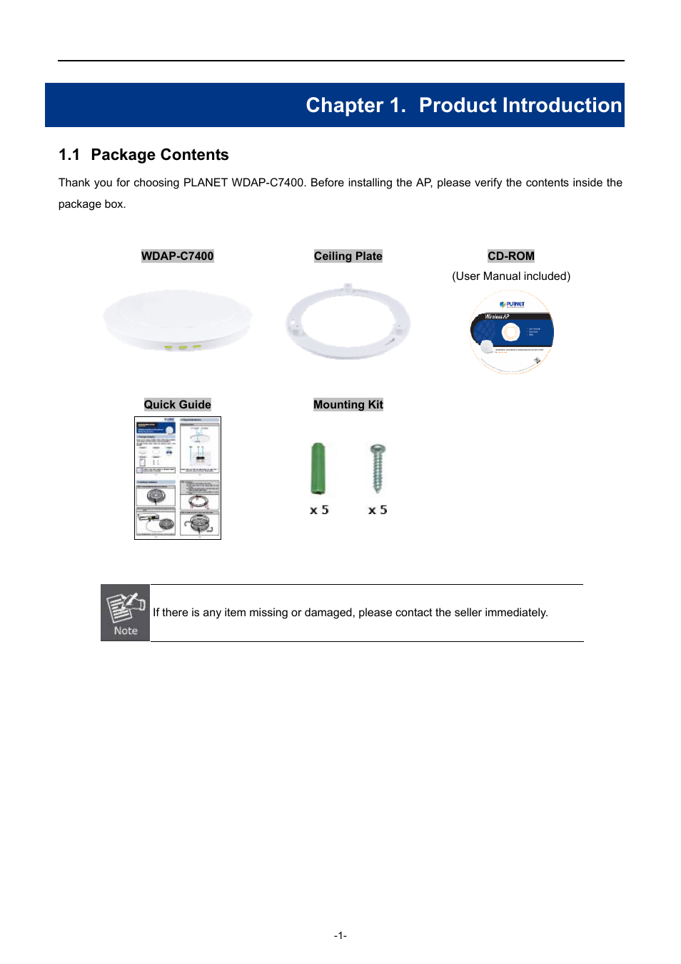 Chapter 1. product introduction, 1 package contents, Chapter 1 | Product introduction, Package contents | PLANET WDAP-C7400 User Manual | Page 9 / 71