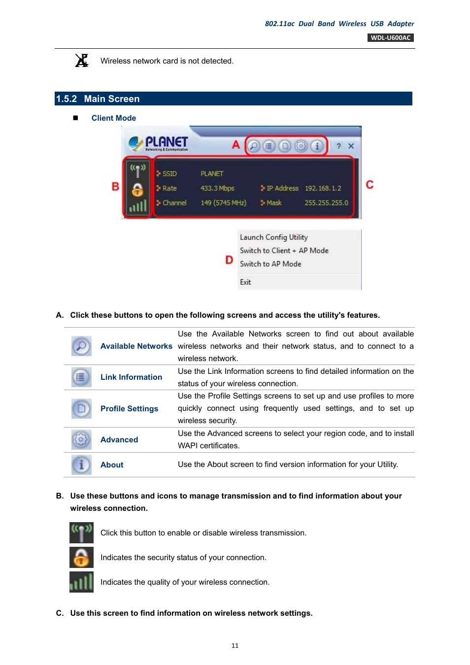 2 main screen, Main screen | PLANET WDL-U600AC User Manual | Page 11 / 64