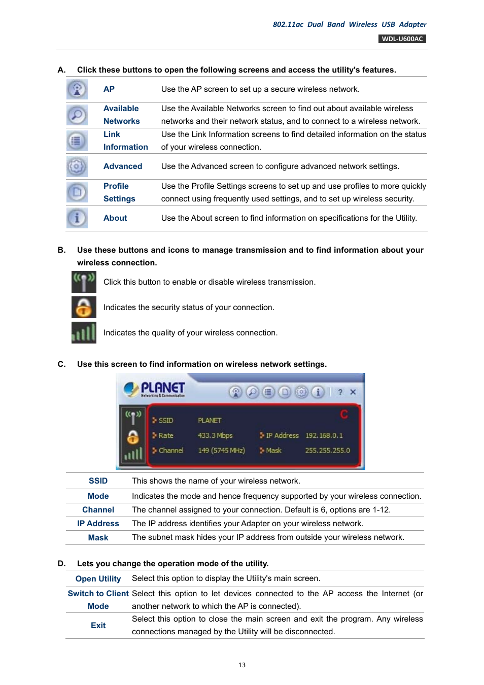 PLANET WDL-U600AC User Manual | Page 13 / 64