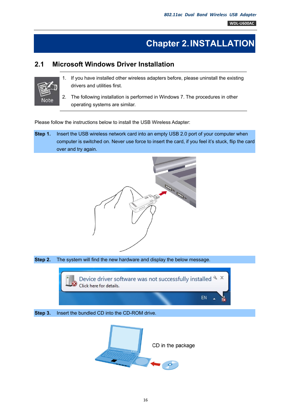 Chapter 2. installation, 1 microsoft windows driver installation, Chapter 2 | Installation, Microsoft windows driver installation | PLANET WDL-U600AC User Manual | Page 16 / 64