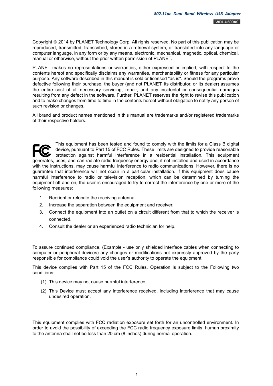 PLANET WDL-U600AC User Manual | Page 2 / 64
