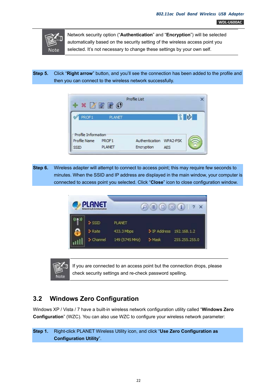 2 windows zero configuration, Windows zero configuration | PLANET WDL-U600AC User Manual | Page 22 / 64