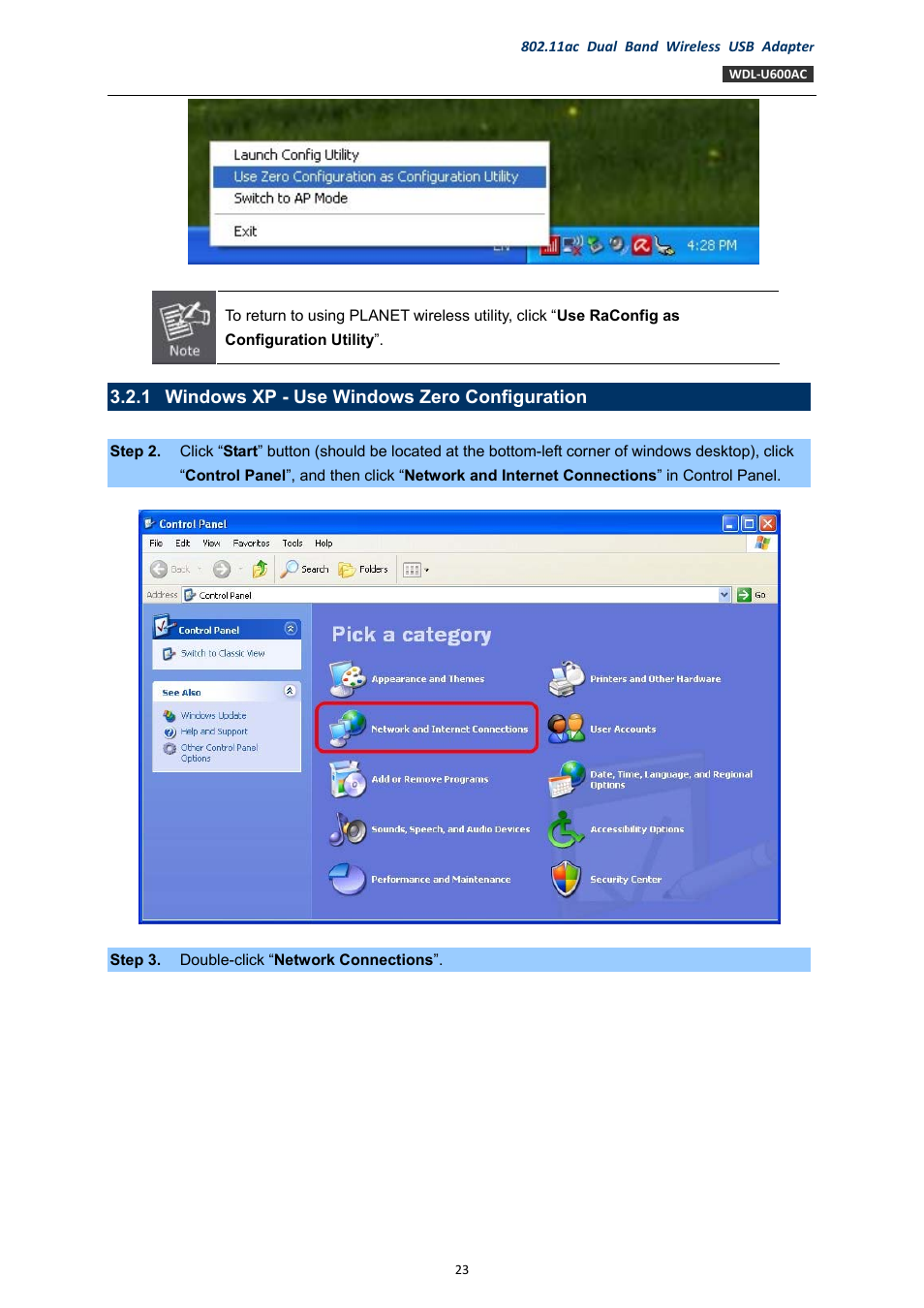 1 windows xp - use windows zero configuration, Windows xp - use windows zero configuration | PLANET WDL-U600AC User Manual | Page 23 / 64