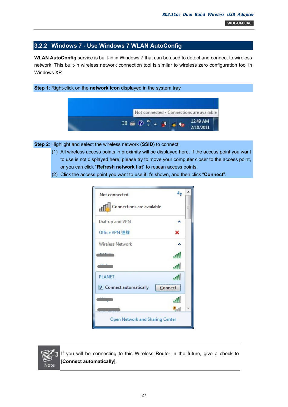 2 windows 7 - use windows 7 wlan autoconfig, Windows 7 - use windows 7 wlan autoconfig | PLANET WDL-U600AC User Manual | Page 27 / 64