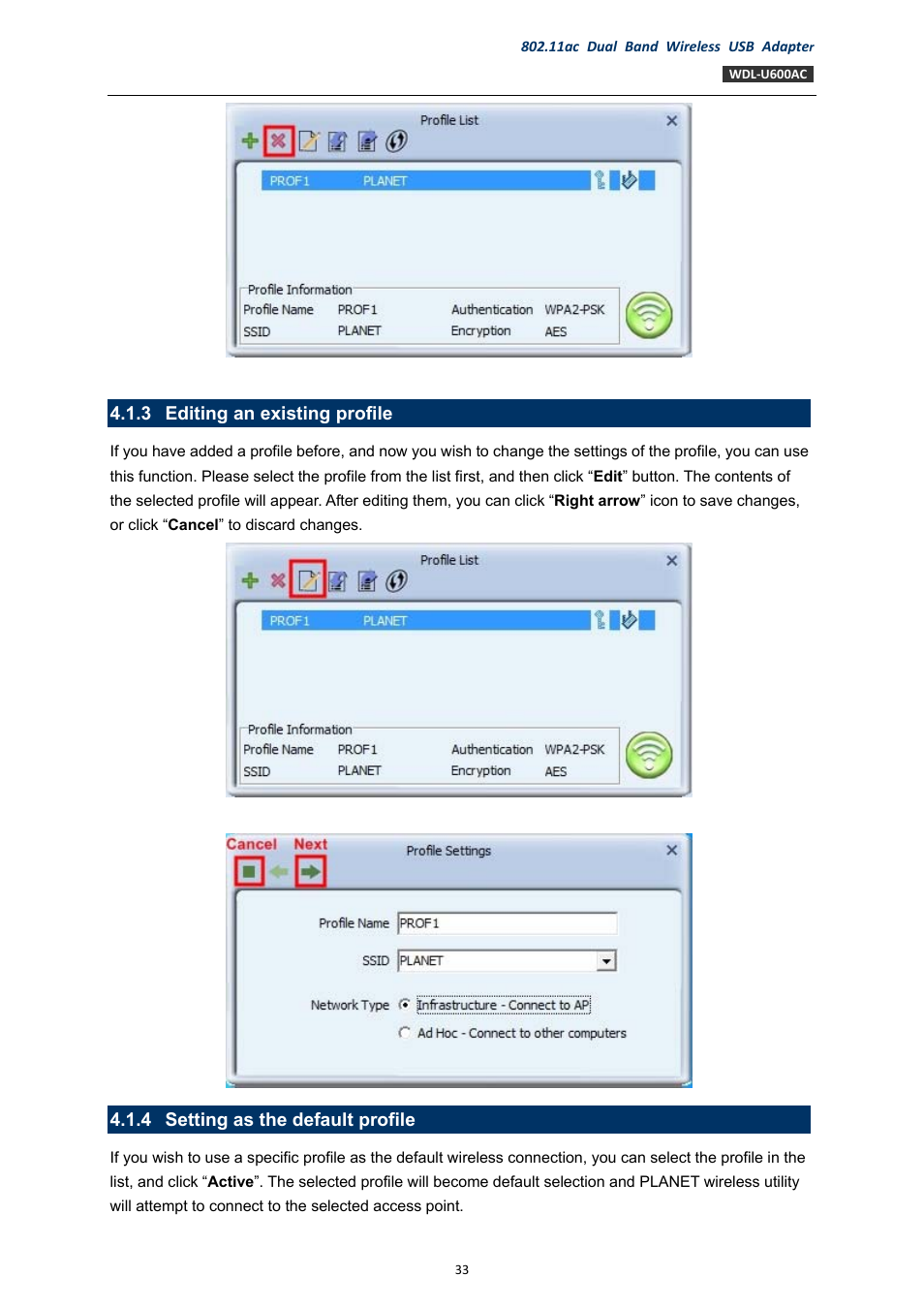 3 editing an existing profile, 4 setting as the default profile, Editing an existing profile | Setting as the default profile | PLANET WDL-U600AC User Manual | Page 33 / 64