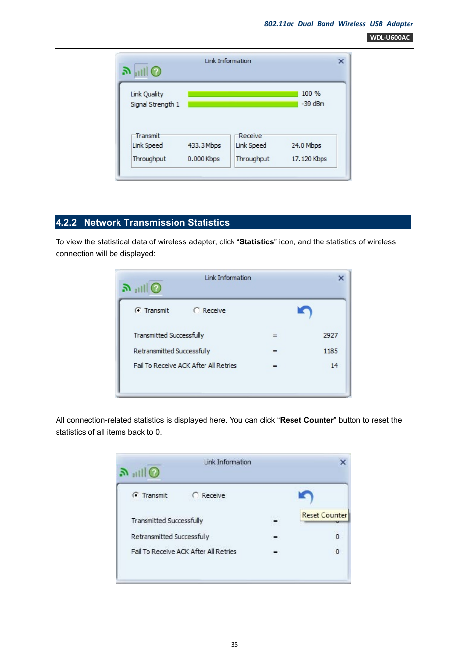 2 network transmission statistics, Network transmission statistics | PLANET WDL-U600AC User Manual | Page 35 / 64