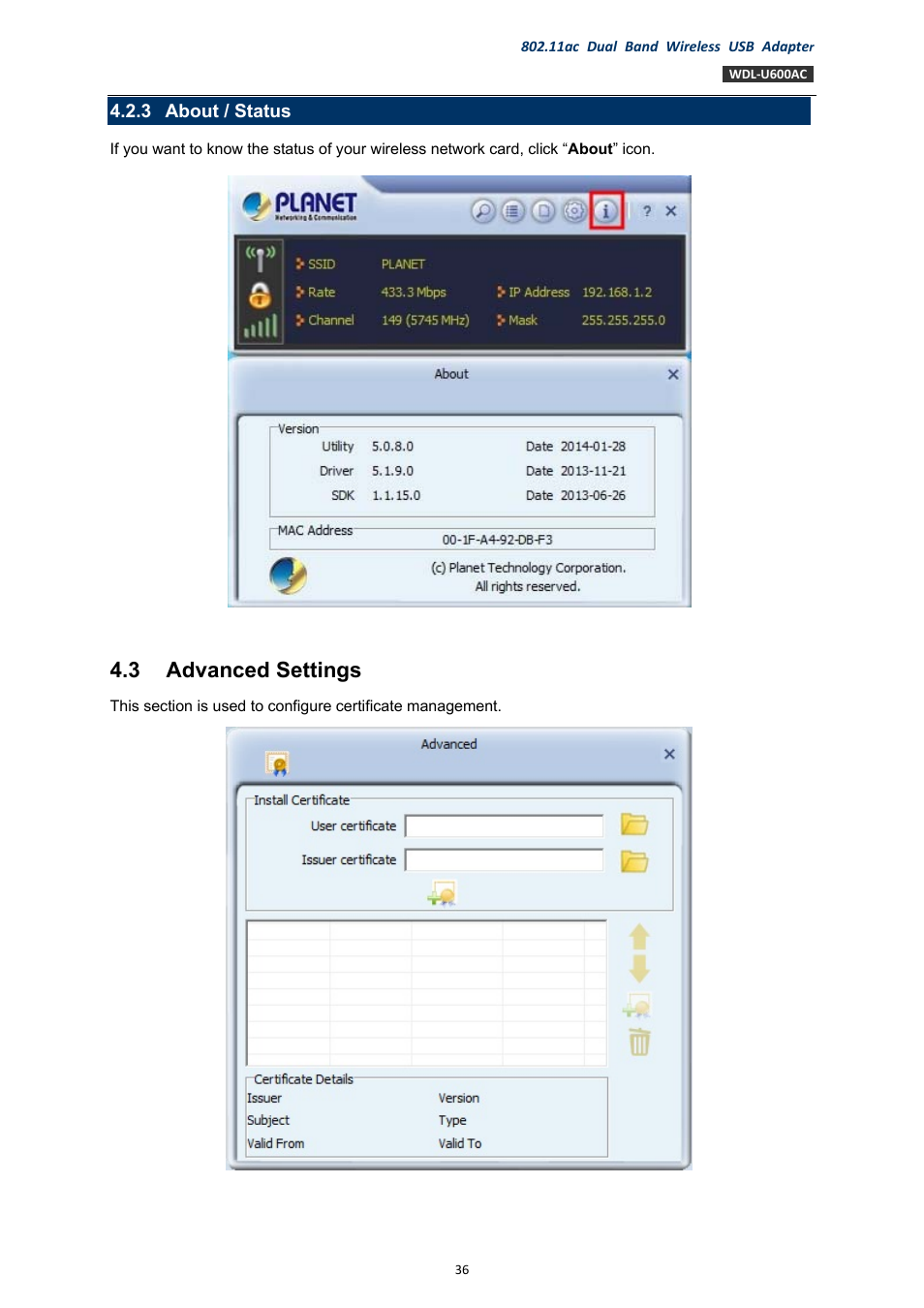 3 about / status, 3 advanced settings, About / status | Advanced settings | PLANET WDL-U600AC User Manual | Page 36 / 64
