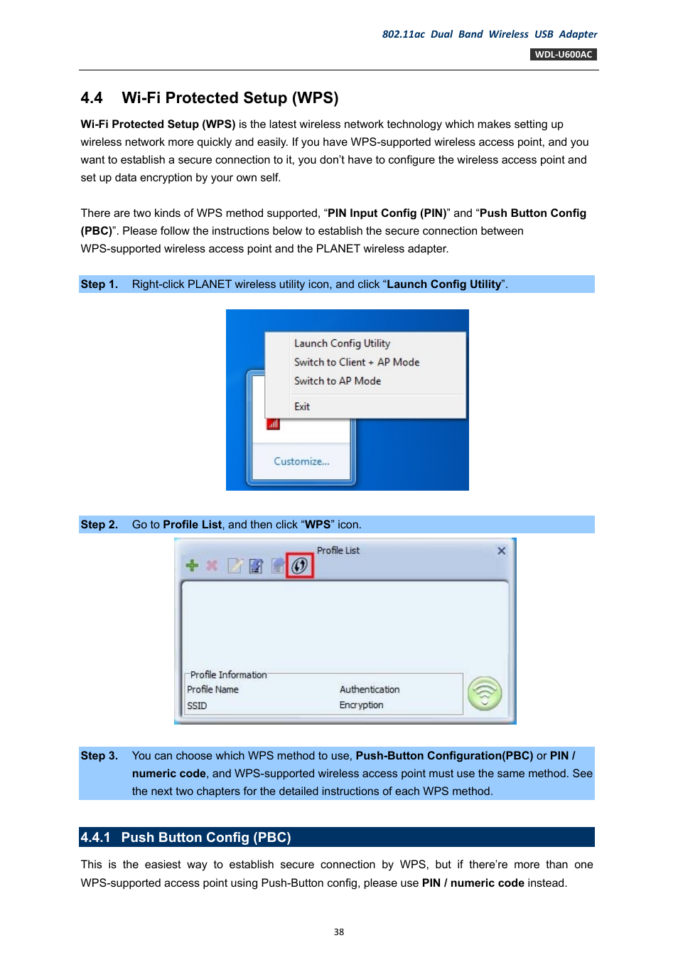 4 wi-fi protected setup (wps), 1 push button config (pbc), Wi-fi protected setup (wps) | Push button config (pbc) | PLANET WDL-U600AC User Manual | Page 38 / 64