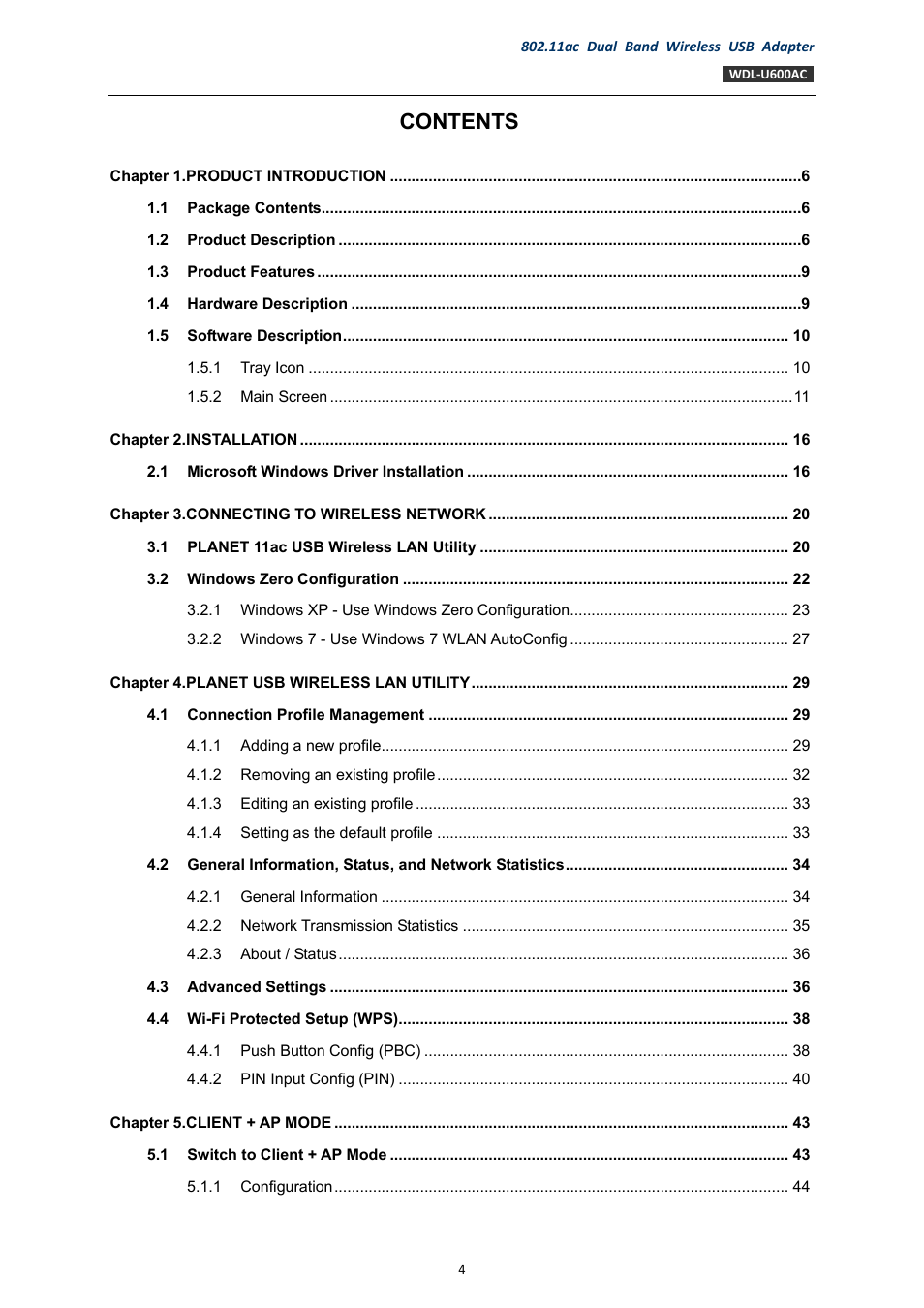 PLANET WDL-U600AC User Manual | Page 4 / 64