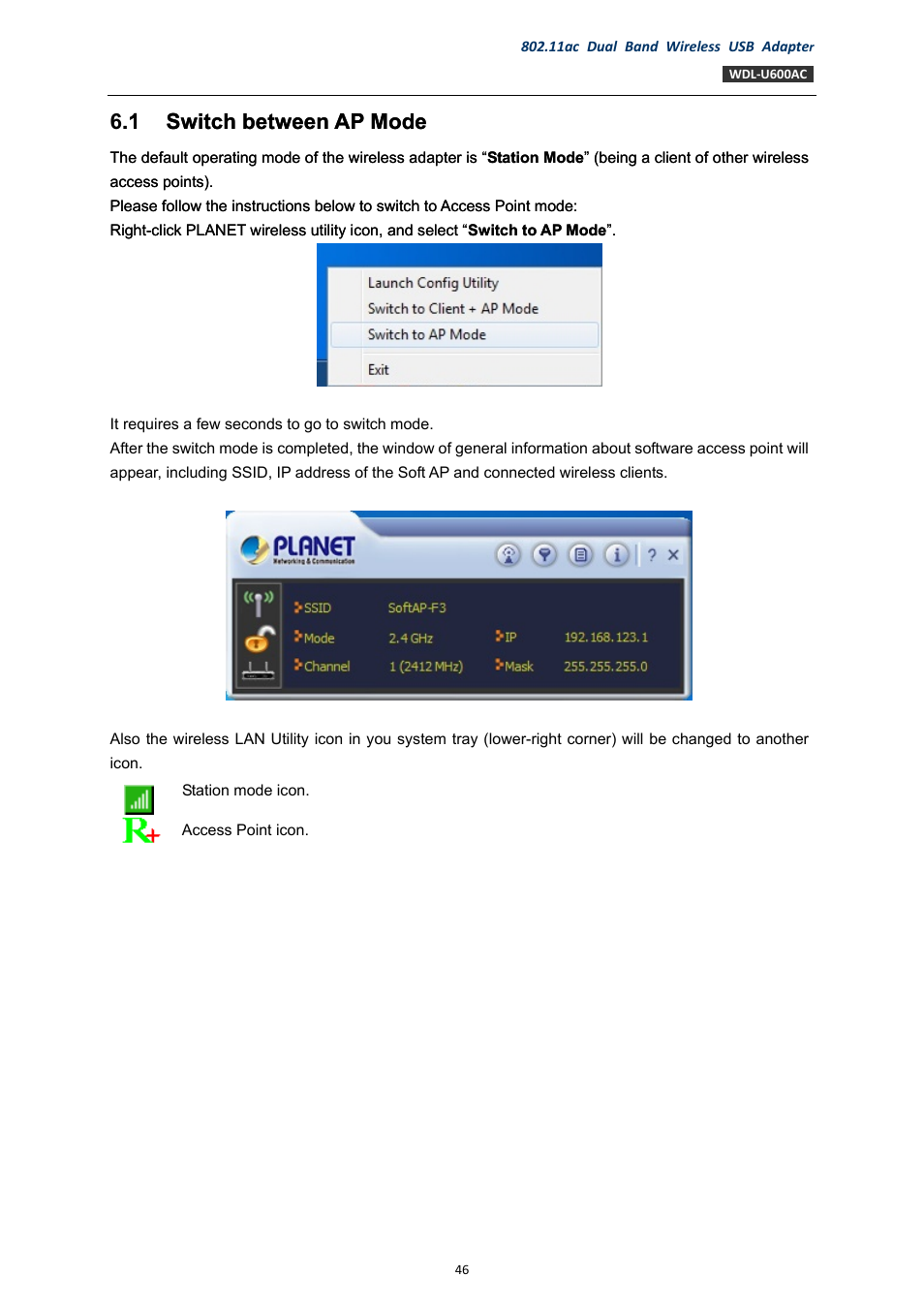 1 switch between ap mode, Switch between ap mode, 1 switch between ap mode .1 switch between ap mode | PLANET WDL-U600AC User Manual | Page 46 / 64