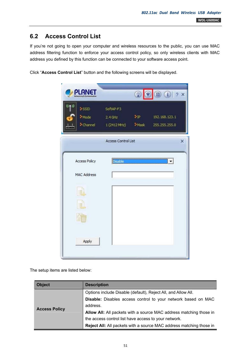2 access control list, Access control list | PLANET WDL-U600AC User Manual | Page 51 / 64