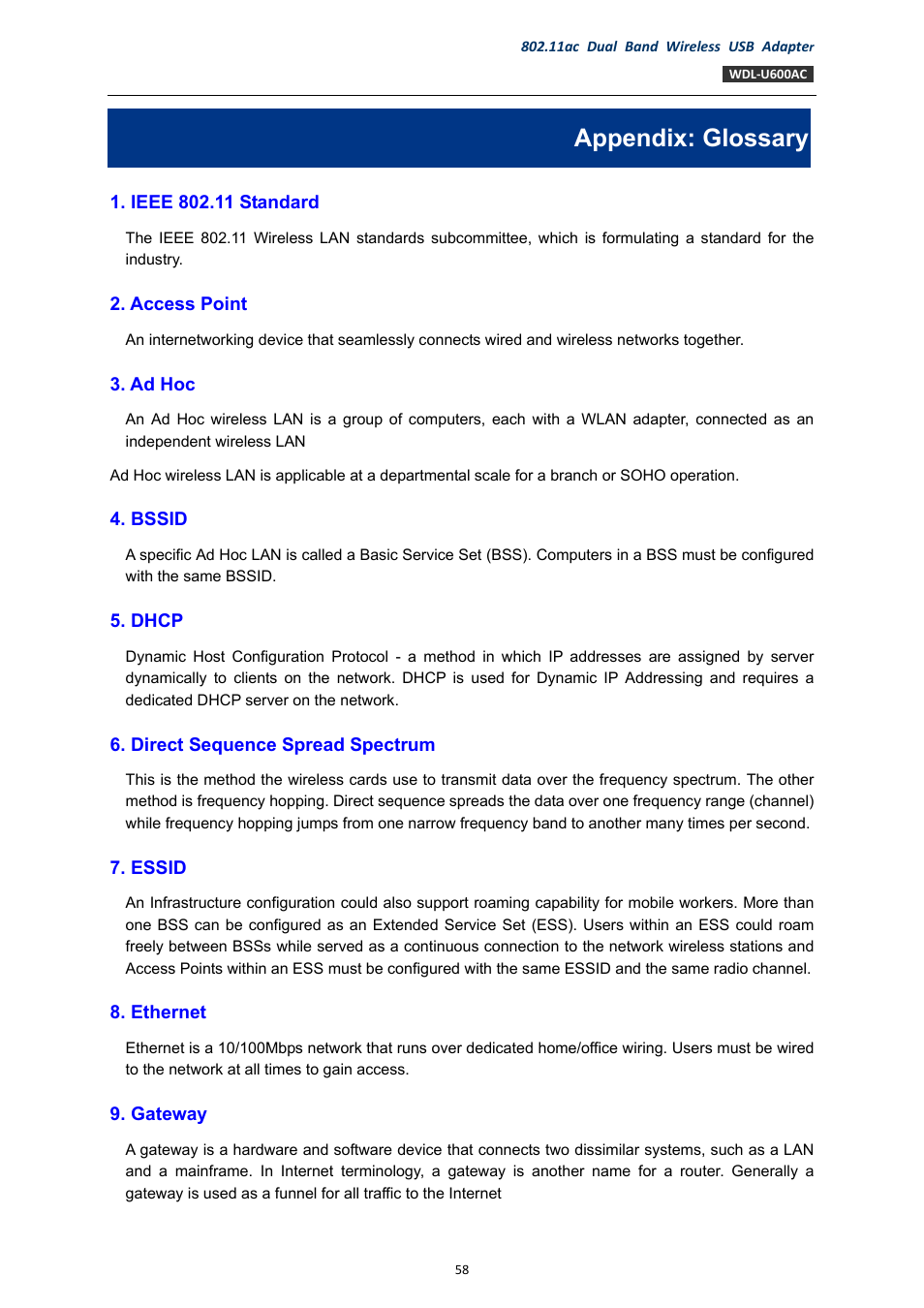 Appendix: glossary | PLANET WDL-U600AC User Manual | Page 58 / 64