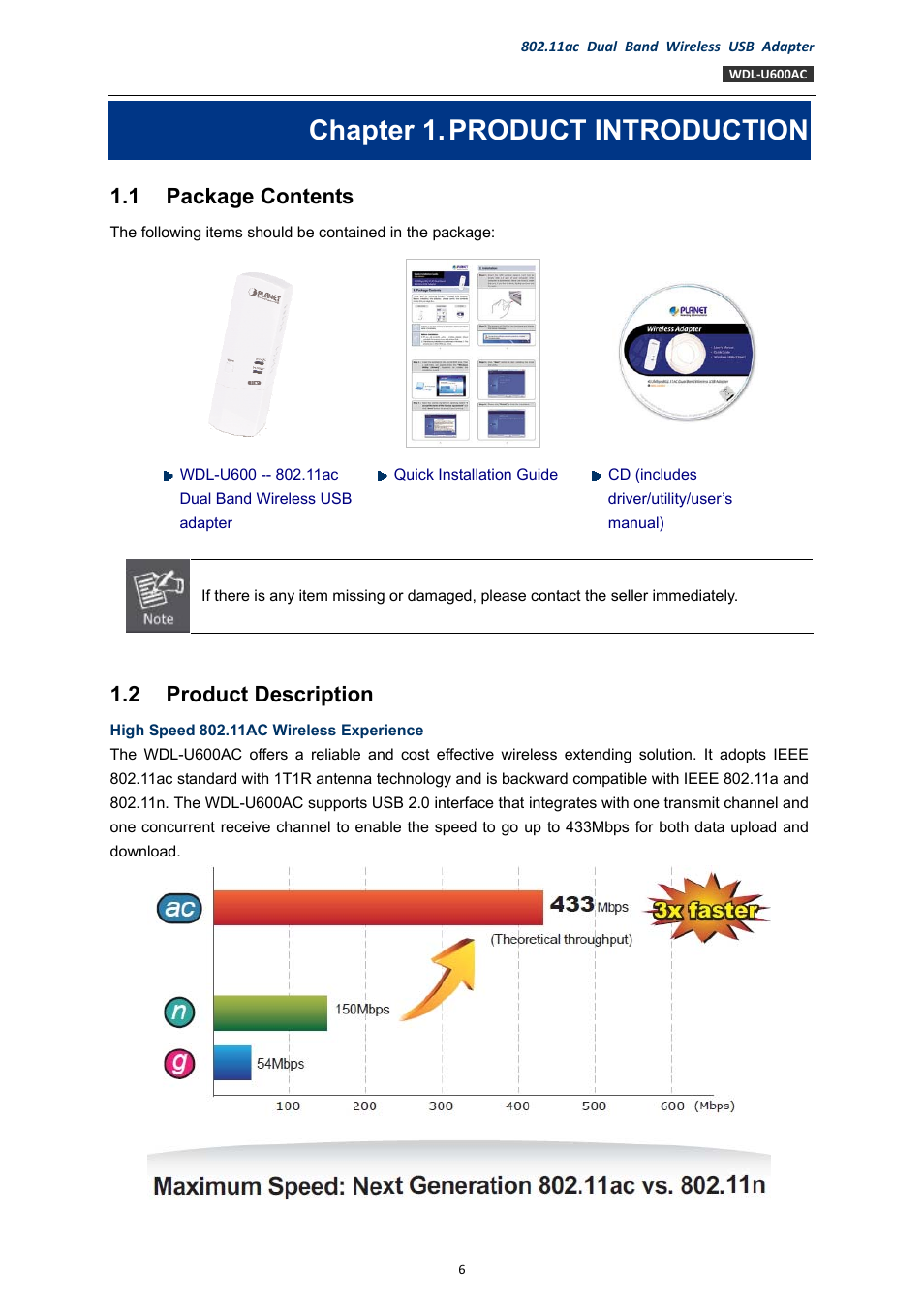 Chapter 1. product introduction, 1 package contents, 2 product description | Chapter 1, Product introduction, Package contents, Product description | PLANET WDL-U600AC User Manual | Page 6 / 64