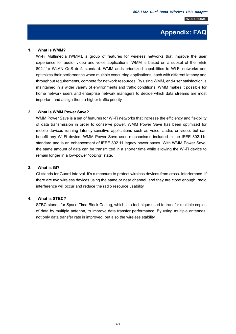 Appendix: faq | PLANET WDL-U600AC User Manual | Page 63 / 64