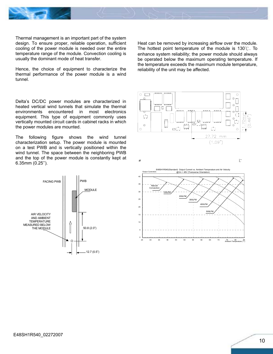 Thermal considerations, Thermal curves, Thermal testing setup | Thermal derating, Figure 20: wind tunnel test setup, 48v (transverse orientation) | Delta Electronics E48SH User Manual | Page 10 / 15