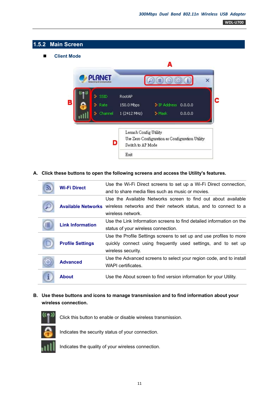 2 main screen, Main screen | PLANET WDL-U700 User Manual | Page 11 / 67