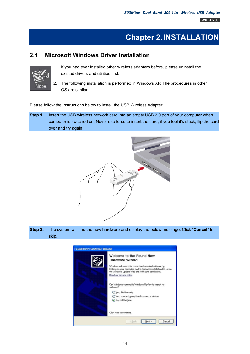 Chapter 2. installation, 1 microsoft windows driver installation, Chapter 2 | Installation, Microsoft windows driver installation | PLANET WDL-U700 User Manual | Page 14 / 67