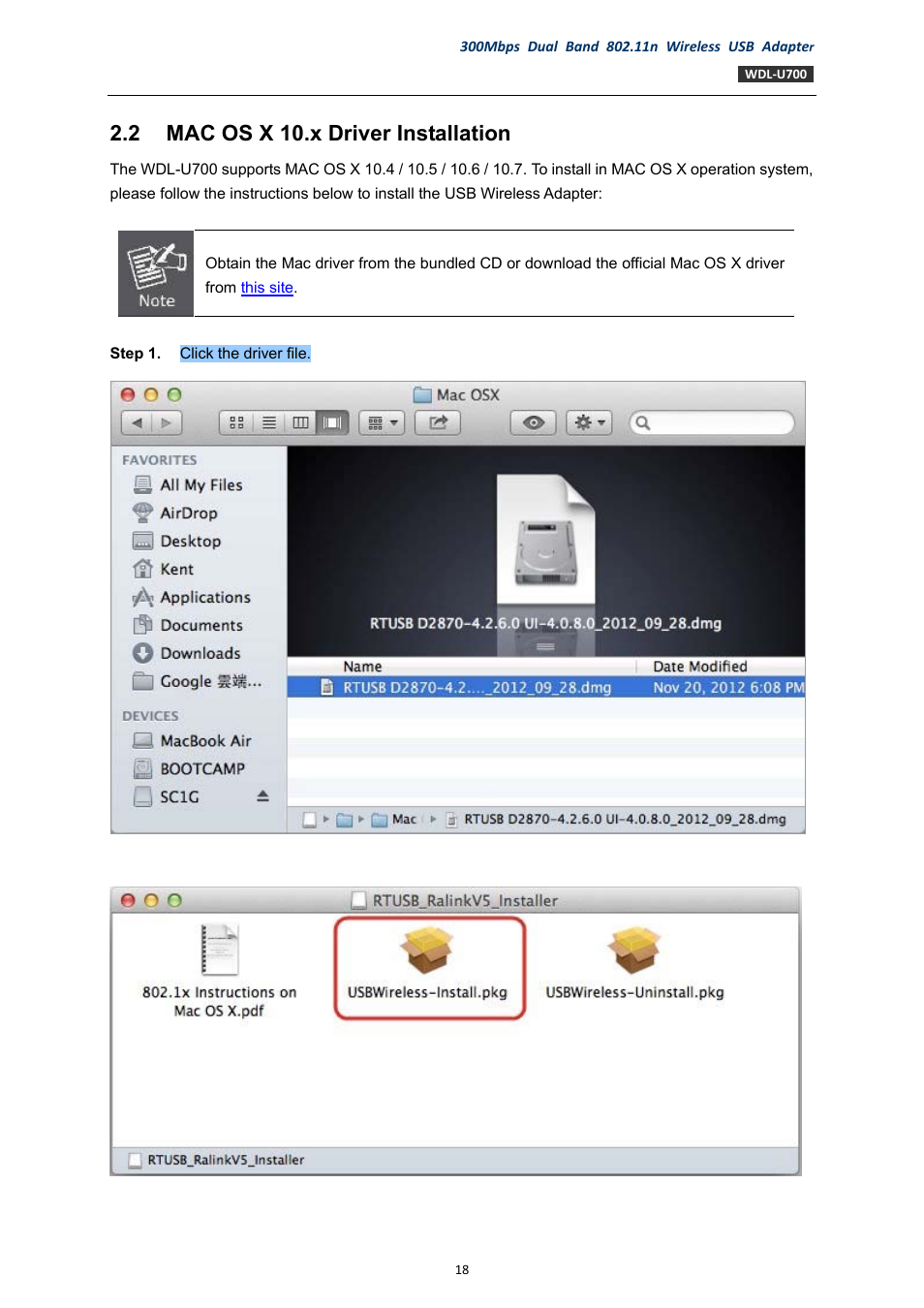 2 mac os x 10.x driver installation, Mac os x 10.x driver installation | PLANET WDL-U700 User Manual | Page 18 / 67