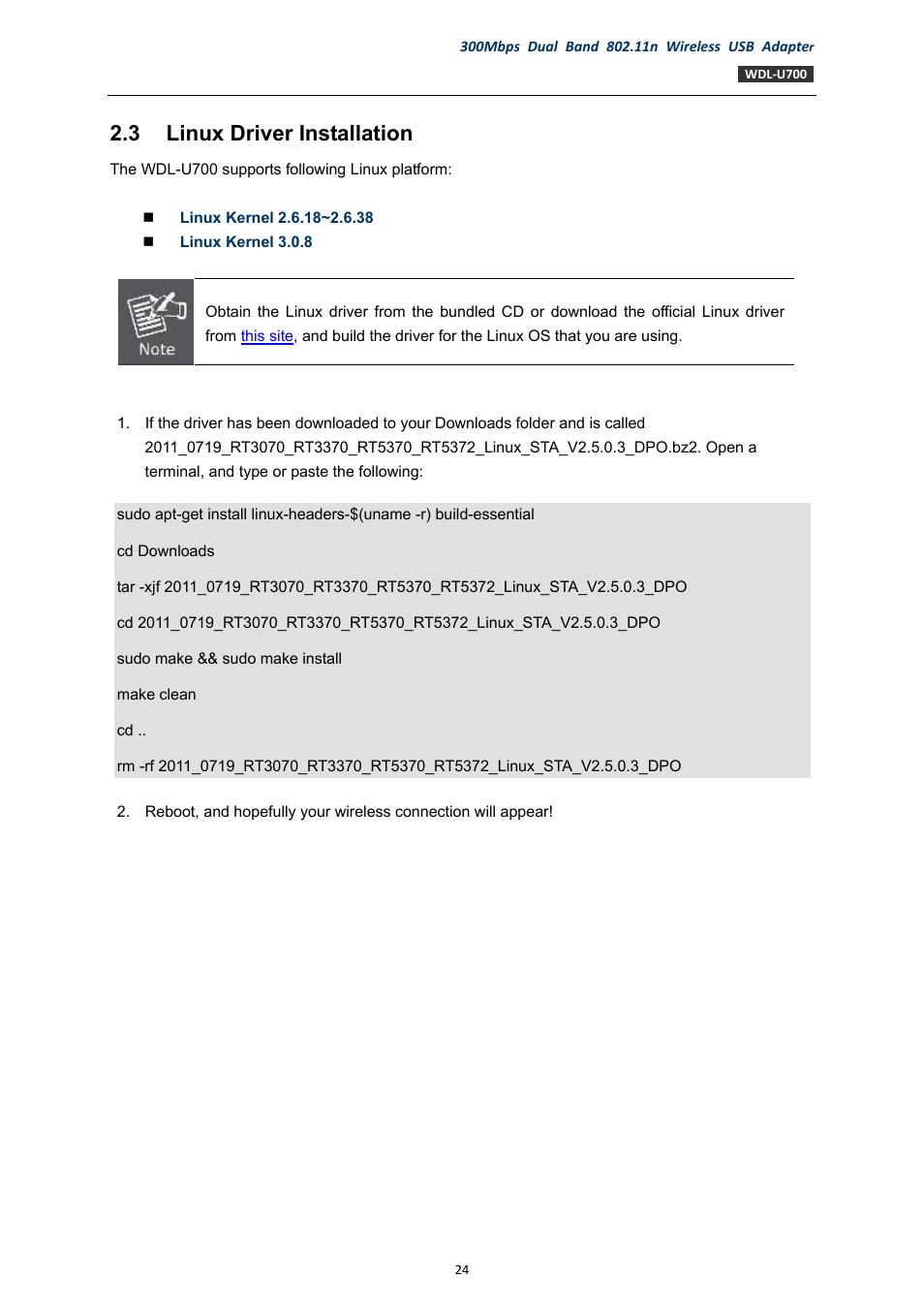 3 linux driver installation, Linux driver installation | PLANET WDL-U700 User Manual | Page 24 / 67