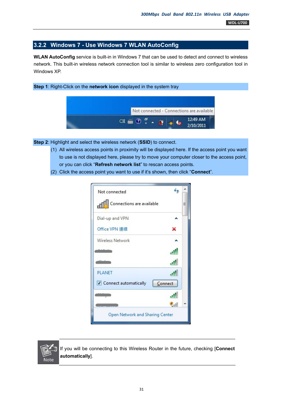 2 windows 7 - use windows 7 wlan autoconfig, Windows 7 - use windows 7 wlan autoconfig | PLANET WDL-U700 User Manual | Page 31 / 67