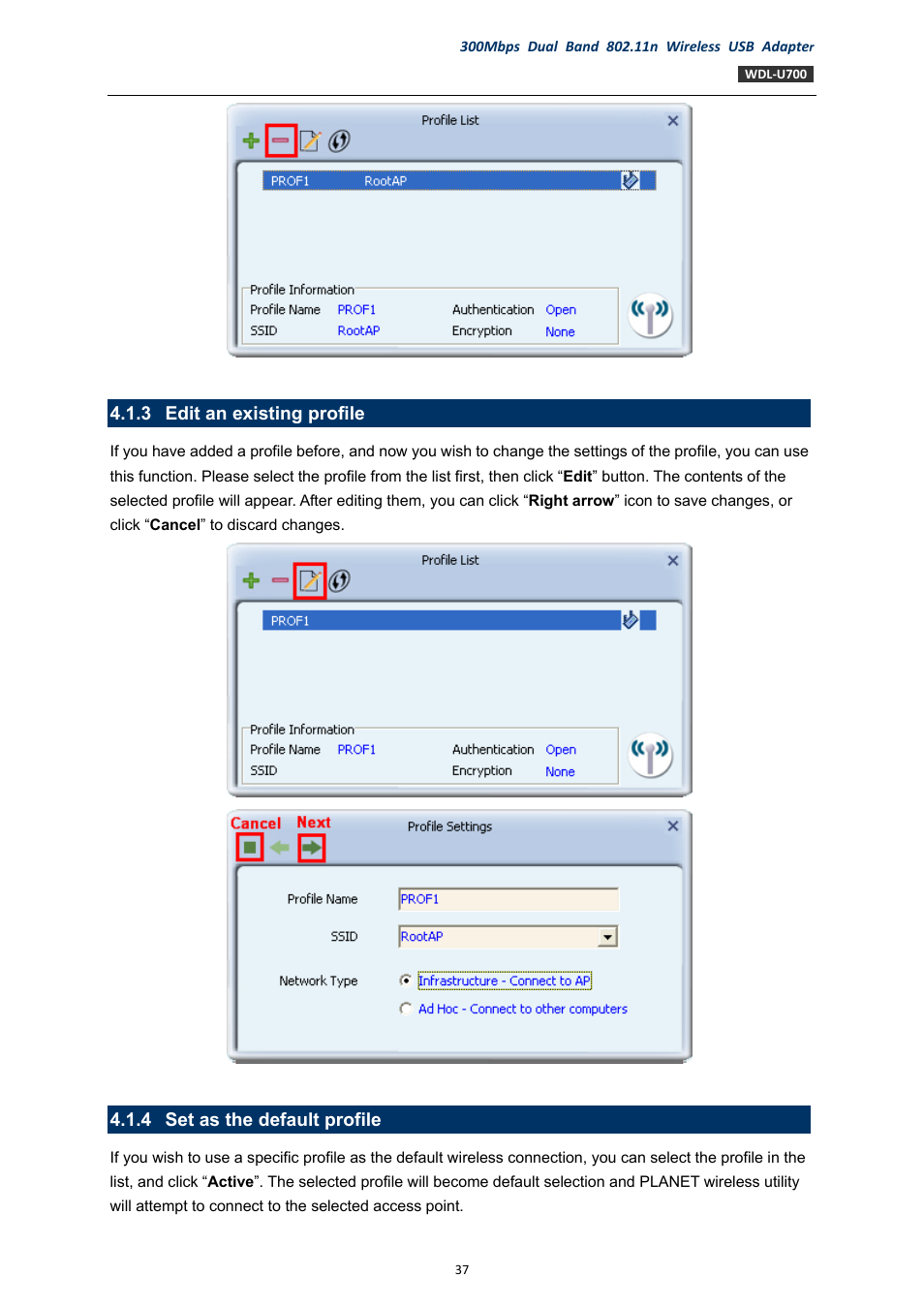 3 edit an existing profile, 4 set as the default profile, Edit an existing profile | Set as the default profile | PLANET WDL-U700 User Manual | Page 37 / 67