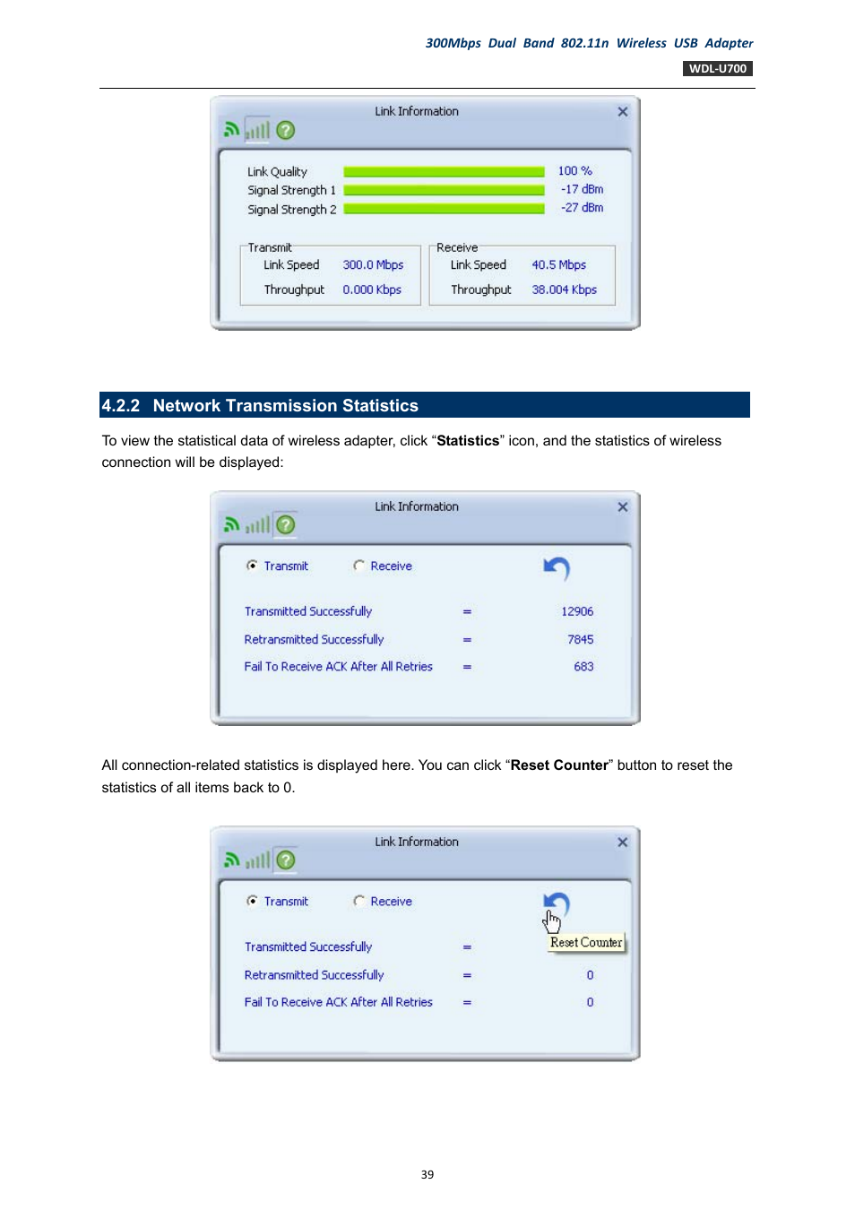 2 network transmission statistics, Network transmission statistics | PLANET WDL-U700 User Manual | Page 39 / 67