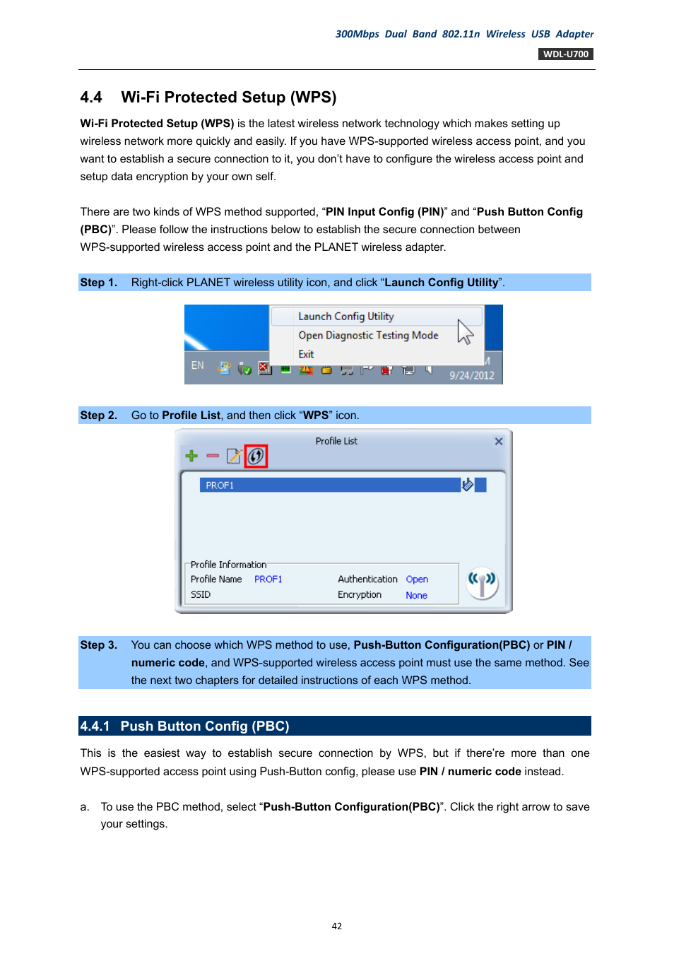 4 wi-fi protected setup (wps), 1 push button config (pbc), Wi-fi protected setup (wps) | Push button config (pbc), 4 wi-fi protecte, D setup (wps) | PLANET WDL-U700 User Manual | Page 42 / 67