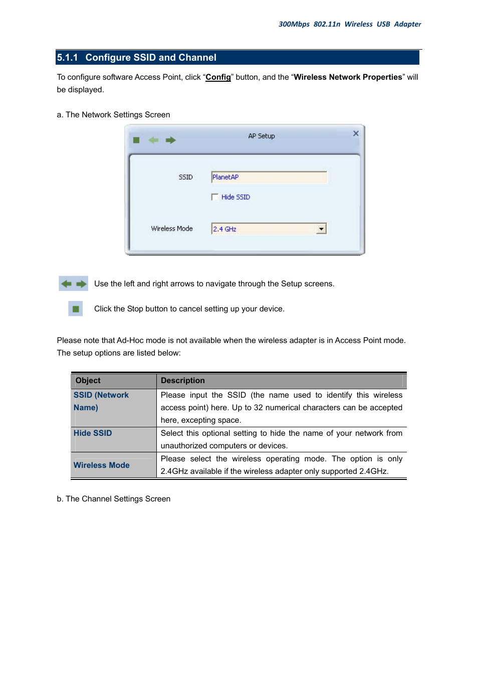 1 configure ssid and channel, Configure ssid and channel | PLANET WDL-U700 User Manual | Page 49 / 67