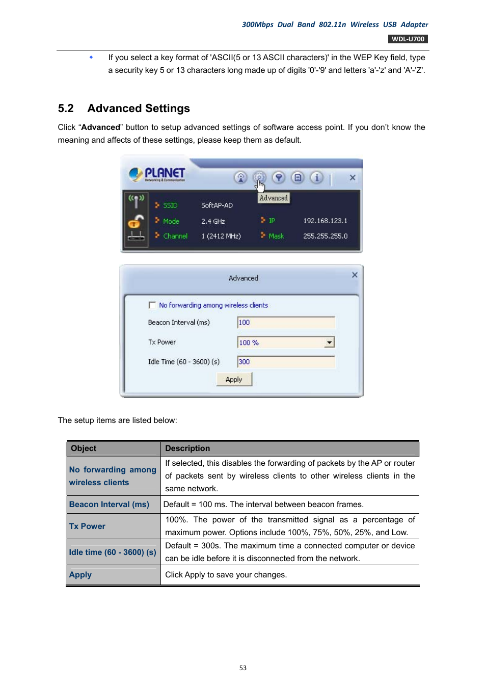 2 advanced settings, Advanced settings | PLANET WDL-U700 User Manual | Page 53 / 67