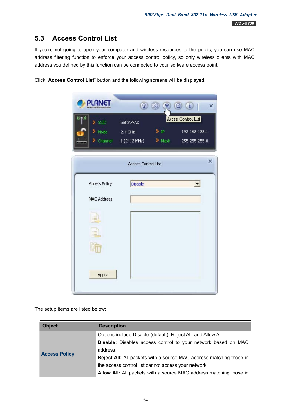 3 access control list, Access control list | PLANET WDL-U700 User Manual | Page 54 / 67