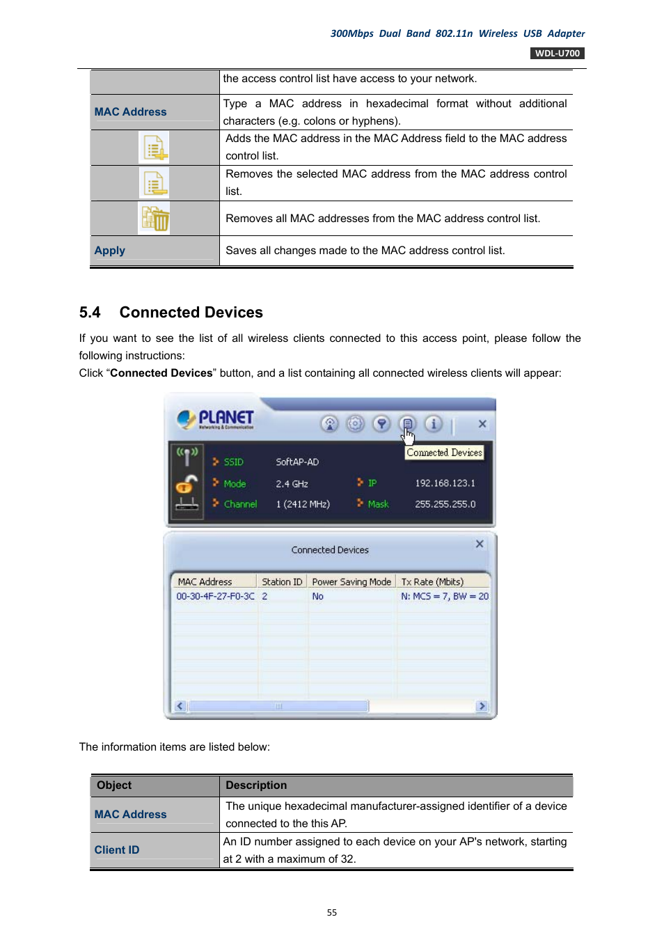 4 connected devices, Connected devices | PLANET WDL-U700 User Manual | Page 55 / 67