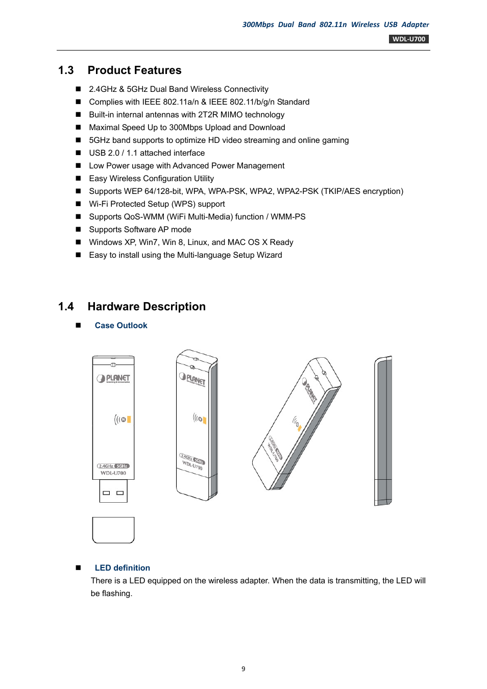 3 product features, 4 hardware description, Product features | Hardware description | PLANET WDL-U700 User Manual | Page 9 / 67