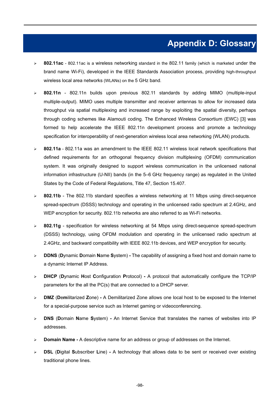 Appendix d: glossary | PLANET WDRT-1200AC User Manual | Page 104 / 106