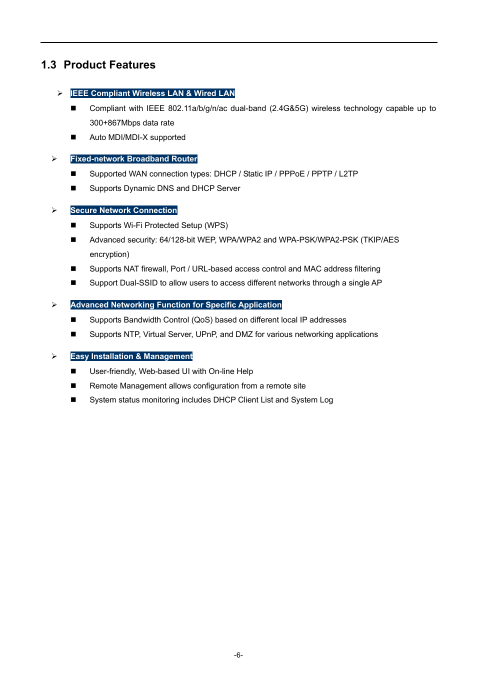 3 product features, Product features | PLANET WDRT-1200AC User Manual | Page 12 / 106