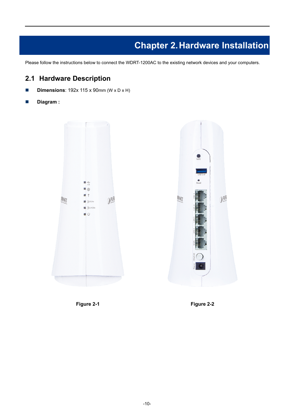 Chapter 2. hardware installation, 1 hardware description, Chapter 2 | Hardware installation, Hardware description | PLANET WDRT-1200AC User Manual | Page 16 / 106