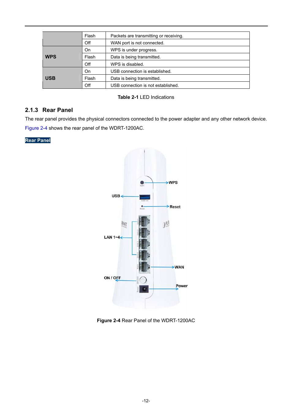 3 rear panel, Rear panel | PLANET WDRT-1200AC User Manual | Page 18 / 106