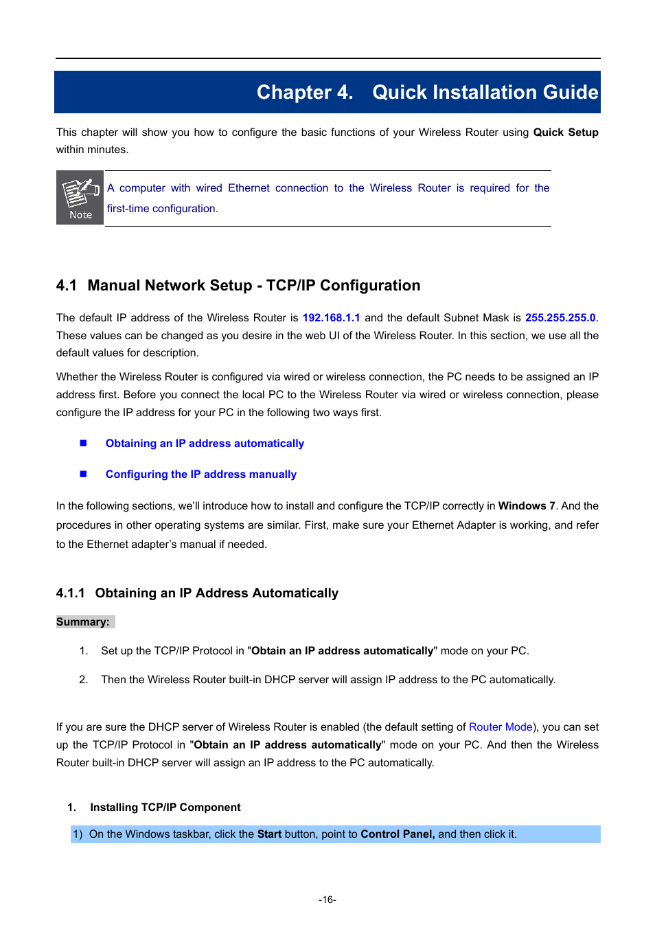 Chapter 4. quick installation guide, 1 manual network setup - tcp/ip configuration, 1 obtaining an ip address automatically | Chapter 4, Quick installation guide, Manual network setup - tcp/ip configuration, Obtaining an ip address automatically | PLANET WDRT-1200AC User Manual | Page 22 / 106