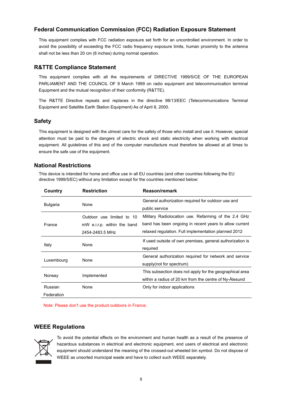 R&tte compliance statement, Safety, National restrictions | Weee regulations | PLANET WDRT-1200AC User Manual | Page 3 / 106