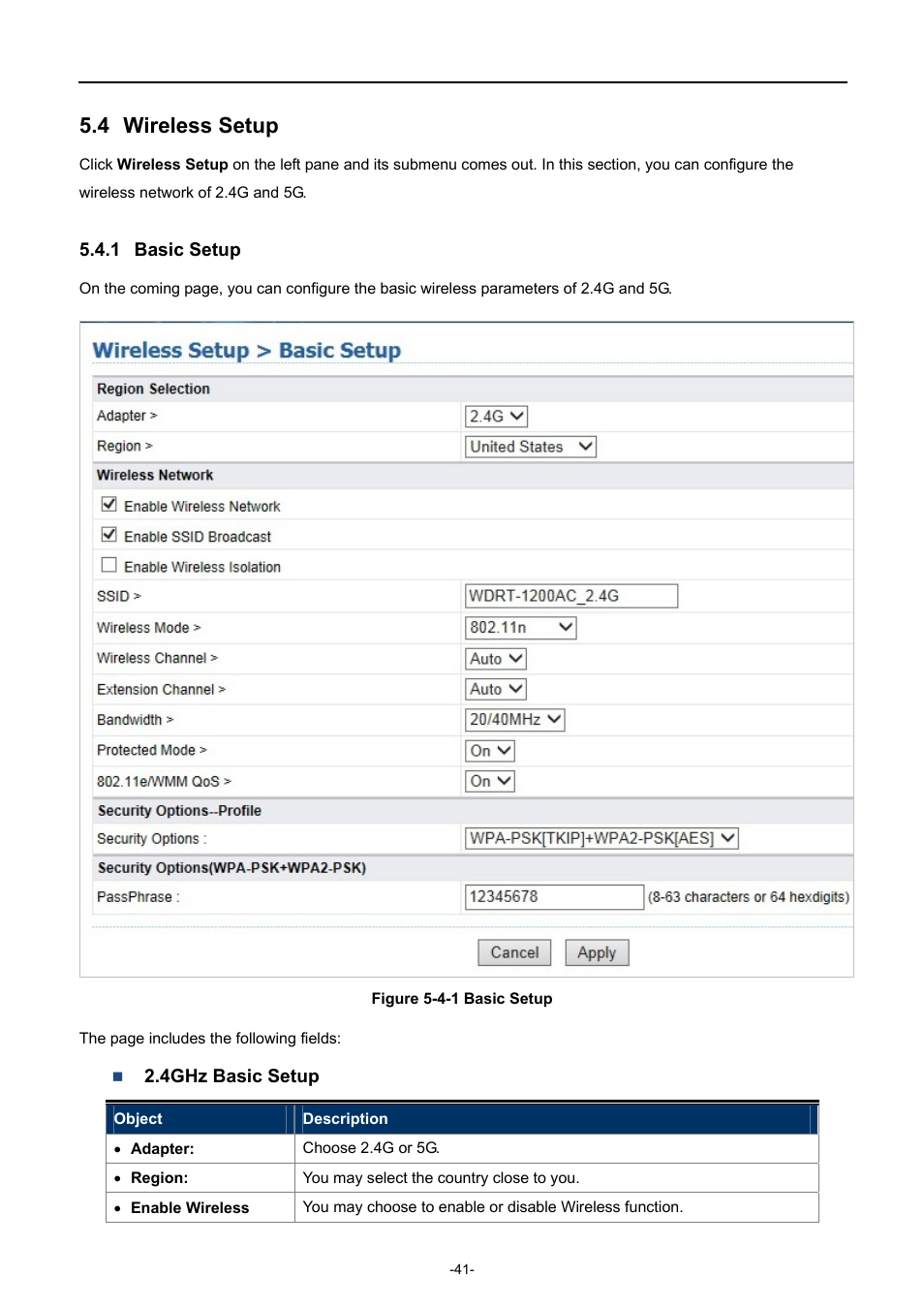 4 wireless setup, 1 basic setup, Wireless setup | Basic setup | PLANET WDRT-1200AC User Manual | Page 47 / 106