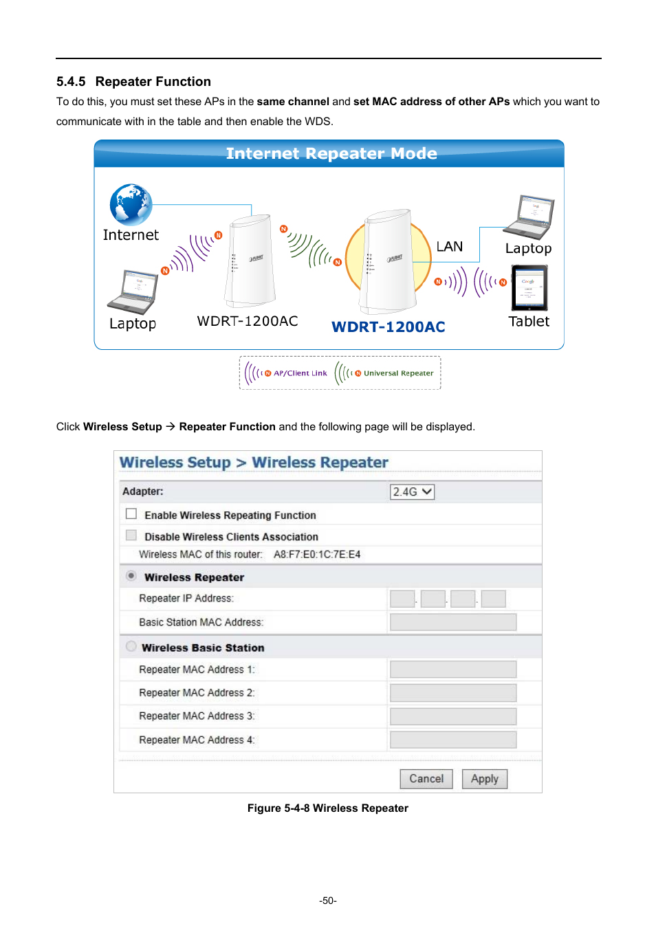 5 repeater function, Repeater function | PLANET WDRT-1200AC User Manual | Page 56 / 106