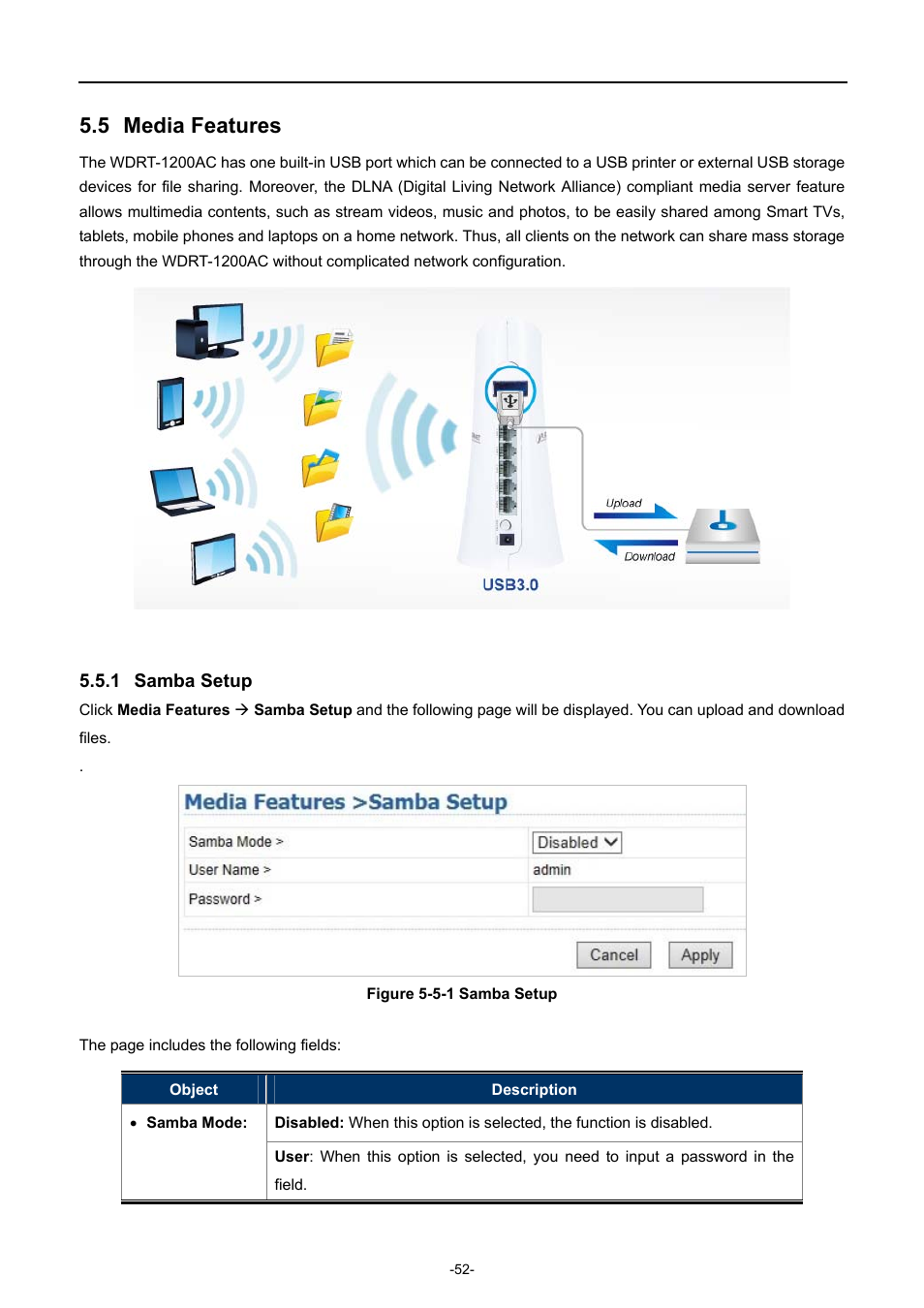 5 media features, 1 samba setup, Media features | Samba setup | PLANET WDRT-1200AC User Manual | Page 58 / 106