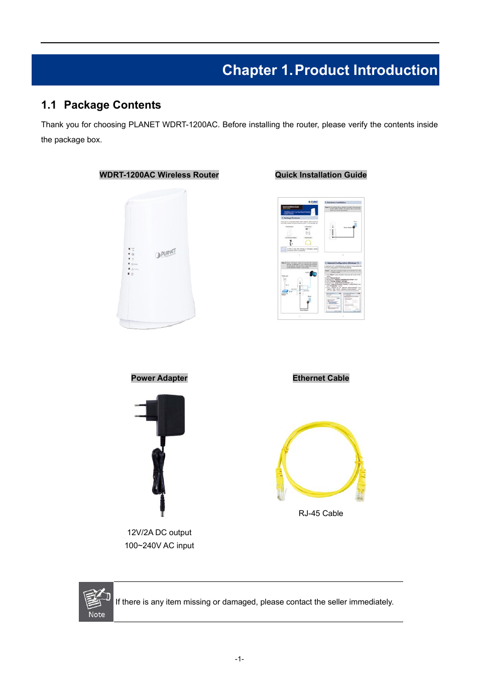 Chapter 1. product introduction, 1 package contents, Chapter 1 | Product introduction, Package contents | PLANET WDRT-1200AC User Manual | Page 7 / 106