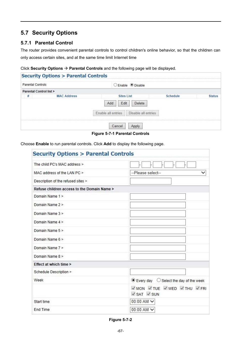 7 security options, 1 parental control, Security options | Parental control | PLANET WDRT-1200AC User Manual | Page 73 / 106