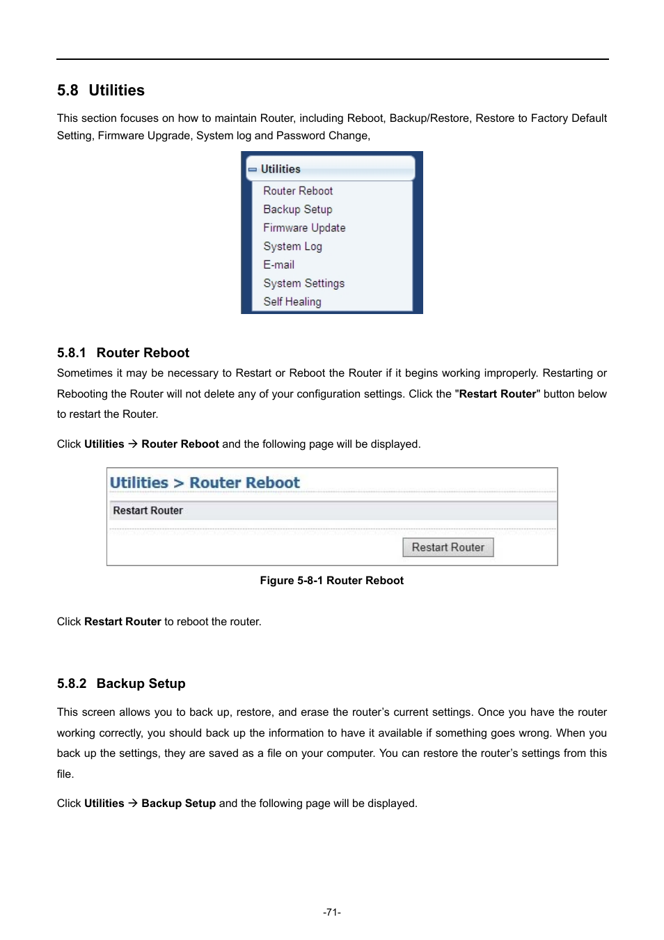 8 utilities, 1 router reboot, 2 backup setup | Utilities, Router reboot, Backup setup | PLANET WDRT-1200AC User Manual | Page 77 / 106