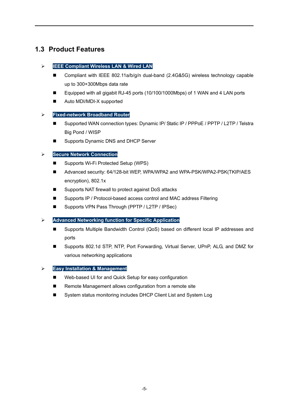 3 product features, Product features | PLANET WDRT-730 User Manual | Page 12 / 105