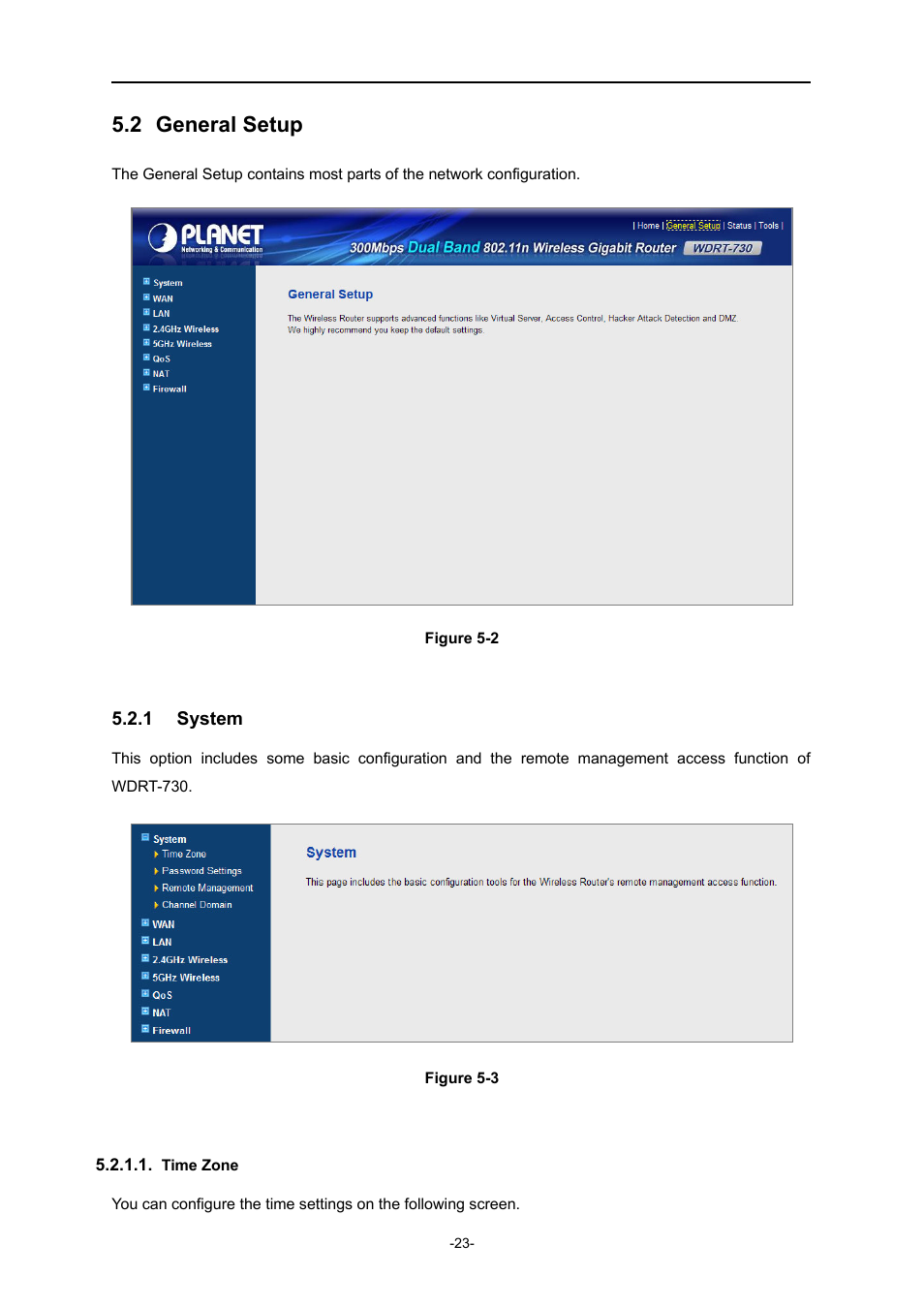 2 general setup, 1 system, Time zone | General setup, System | PLANET WDRT-730 User Manual | Page 30 / 105