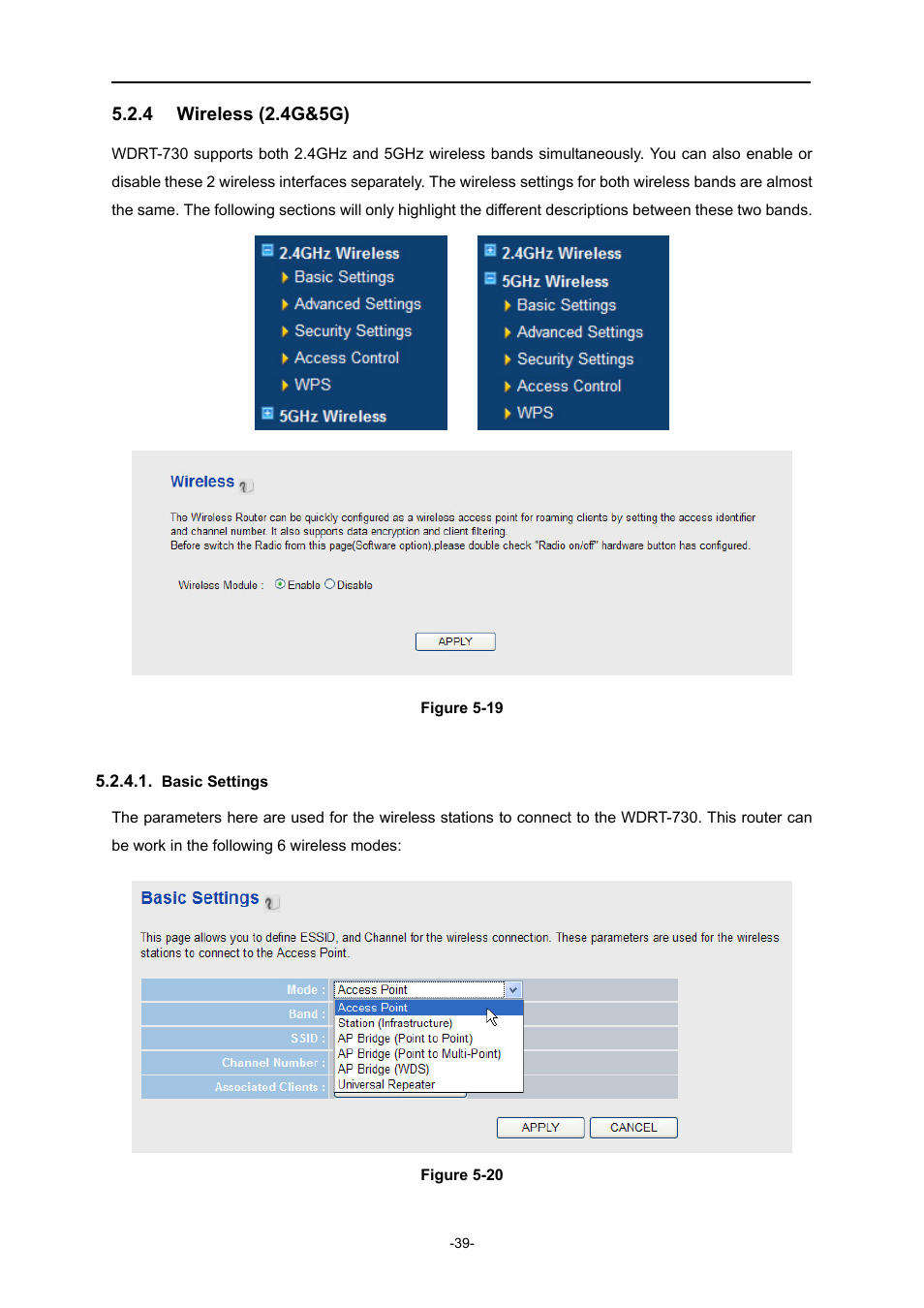 4 wireless (2.4g&5g), Basic settings, Wireless (2.4g&5g) | PLANET WDRT-730 User Manual | Page 46 / 105