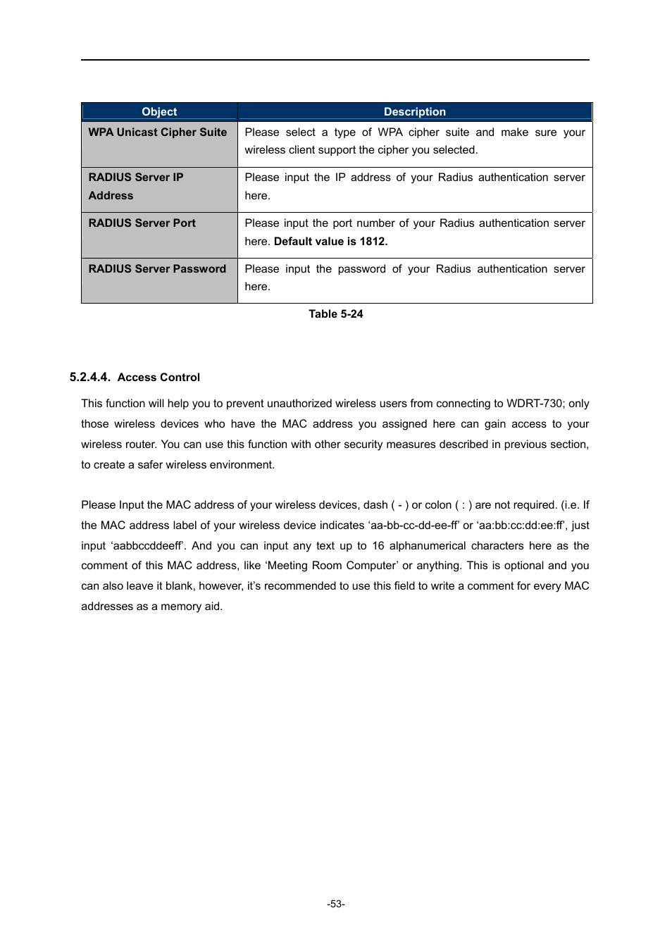 Access control | PLANET WDRT-730 User Manual | Page 60 / 105