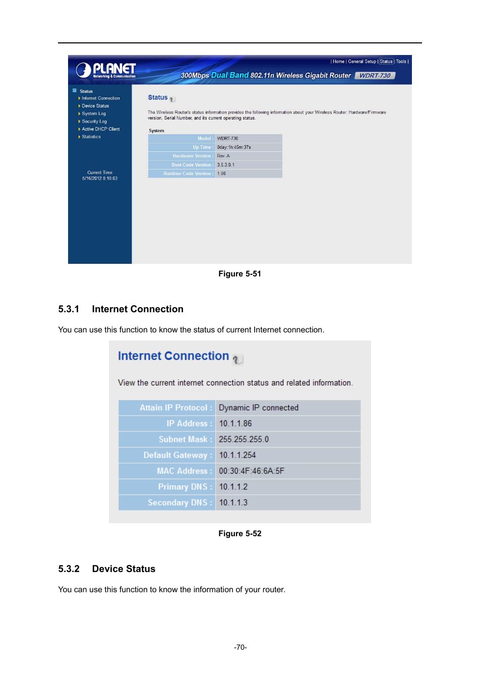 1 internet connection, 2 device status, Internet connection | Device status | PLANET WDRT-730 User Manual | Page 77 / 105